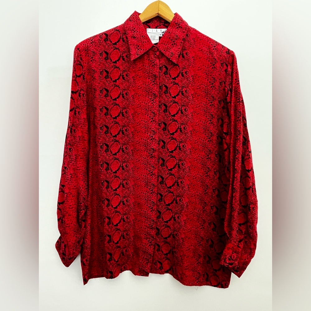 Vintage Piano 100% Silk Red Snake Print Button Blouse Women’s Bold Animal Print